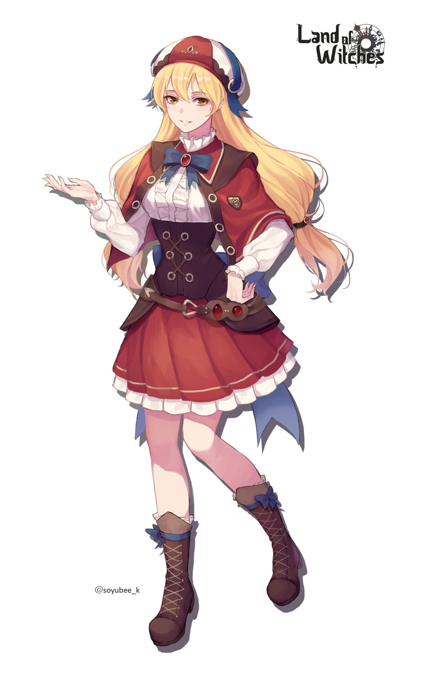 1girl absurdres blonde_hair blue_bow bow brown_footwear full_body hand_on_hip hat highres long_hair long_sleeves low-tied_long_hair original puffy_long_sleeves puffy_sleeves simple_background skirt solo soyubee twitter_username white_background white_hat witch yellow_eyes