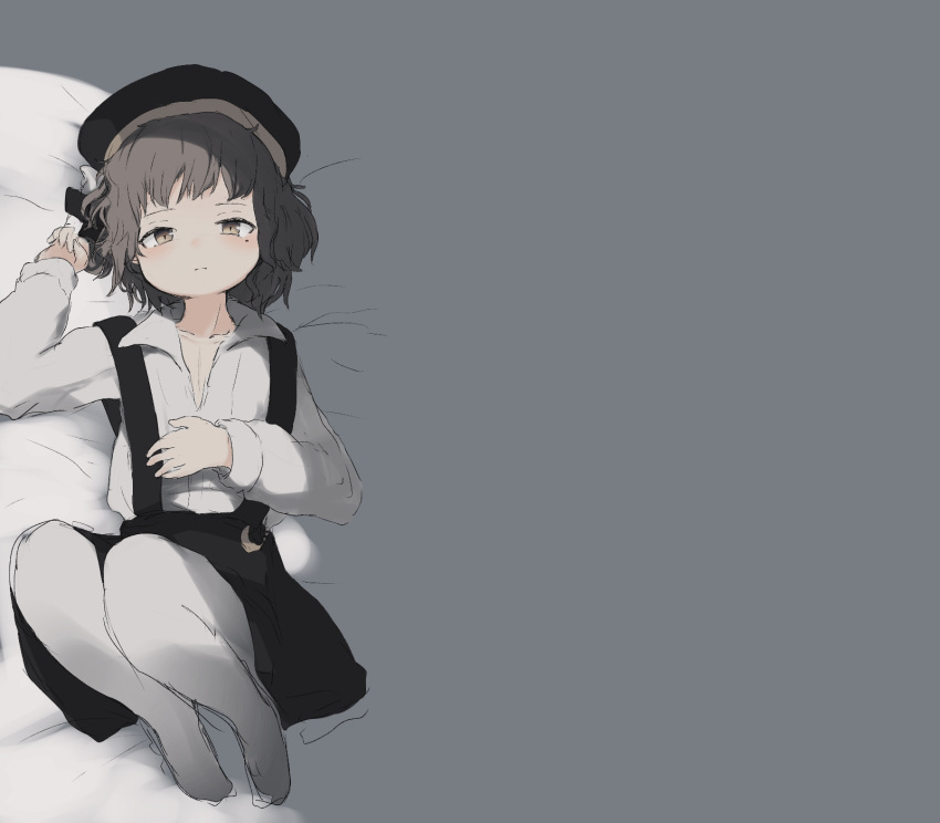 1girl arm_up bed_sheet beret black_hat black_ribbon black_skirt blush brown_eyes brown_hair closed_mouth collarbone collared_shirt crescent flan_(harry_mackenzie) flower hair_flower hair_ornament hand_on_own_stomach hat hatoba_tsugu hatoba_tsugu_(character) highres long_sleeves looking_at_viewer lying mole mole_under_eye negative_space no_shoes on_back pantyhose ribbon rose shirt sketch skirt sleeves_past_wrists solo suspender_skirt suspenders virtual_youtuber white_flower white_legwear white_rose white_shirt
