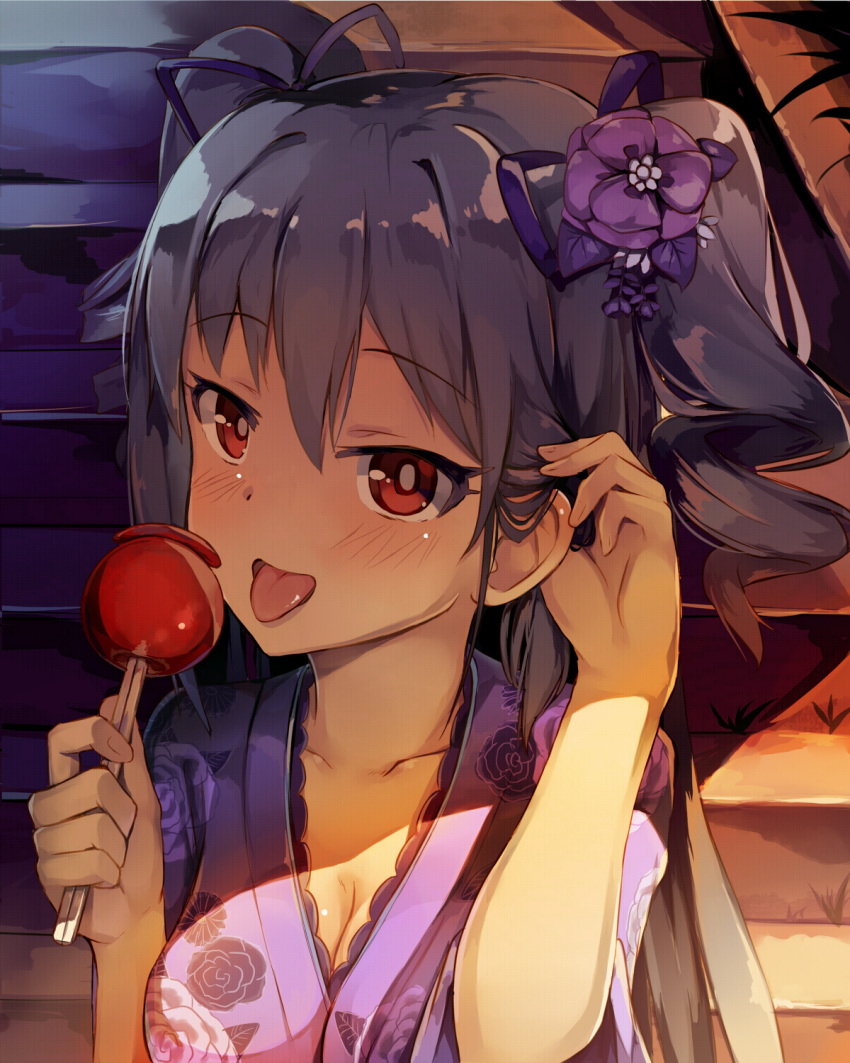 1girl :p blush breasts candy_apple cleavage commentary_request eyebrows_visible_through_hair flower food hair_flower hair_ornament hair_ribbon highres idolmaster idolmaster_cinderella_girls japanese_clothes kanzaki_ranko kimono looking_at_viewer medium_breasts open_mouth purple_kimono purple_ribbon red_eyes ribbon seneto short_hair silver_hair solo tongue tongue_out twintails upper_body yukata