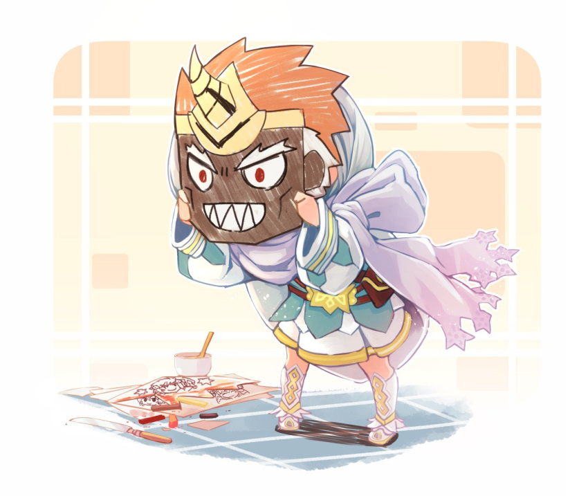 1girl cape chibi commentary_request dress fire_emblem fire_emblem_heroes fjorm_(fire_emblem_heroes) full_body gunnthra_(fire_emblem) helbindi_(fire_emblem_heroes) highres holding hrid_(fire_emblem_heroes) long_sleeves mask nakabayashi_zun nintendo short_dress short_hair simple_background solo standing white_hair ylgr_(fire_emblem_heroes)