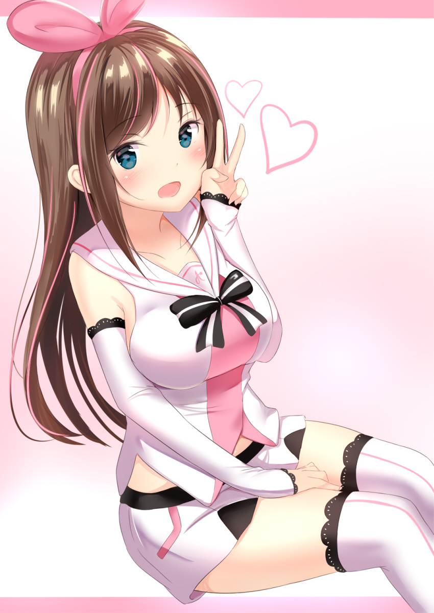 1girl a.i._channel arm_up bangs black_bow blush bow breasts brown_hair commentary_request detached_sleeves eyebrows_visible_through_hair fingernails green_eyes hair_ribbon hairband heart highres kizuna_ai lace lace-trimmed_sleeves lace-trimmed_thighhighs legs_together long_hair long_sleeves looking_at_viewer medium_breasts midriff multicolored_hair open_mouth pink_bow pink_hair pink_hairband pink_ribbon ribbon sailor_collar shirt short_shorts shorts sitting sleeveless sleeveless_shirt sleeves_past_wrists smile solo streaked_hair striped striped_bow thigh-highs thighs two-tone_hair v very_long_hair virtual_youtuber white_sailor_collar white_shirt yuano zettai_ryouiki