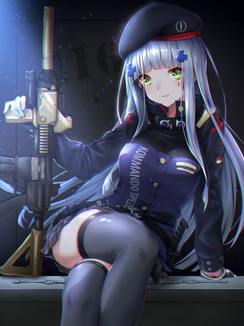 1girl absurdres arm_support assault_rifle bangs belt beret black_legwear blunt_bangs blush breasts character_name combat_knife earpiece eyebrows_visible_through_hair facial_mark german_flag girls_frontline gloves green_eyes grey_legwear gun hair_ornament hat heckler_&amp;_koch highres hk416 hk416_(girls_frontline) holding holding_gun holding_weapon iron_cross jacket knife knife_holster leaning legs_crossed light_particles long_hair looking_at_viewer medium_breasts night parted_lips plaid plaid_skirt rifle silver_hair sitting skirt smile solo teardrop thigh-highs toki_(toki_ship8) very_long_hair weapon