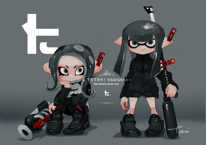 2girls :&gt; black_footwear black_jacket clothes_pin ear_tag expressionless full_body grey_background grey_eyes grey_hair hand_on_own_face highres holding holding_weapon inkling jacket looking_at_viewer medium_hair multiple_girls nintendo octoling pointy_ears shoes simple_background sneakers splat_charger_(splatoon) splatoon splatoon_2 splattershot_(splatoon) squatting standing tarai_(silica5) tentacle_hair weapon