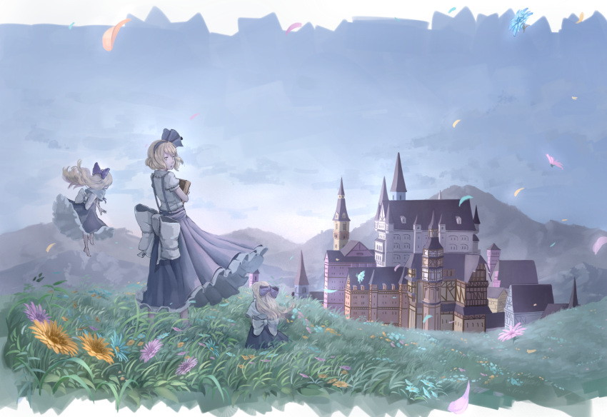 3girls alice_in_wonderland alice_margatroid alice_margatroid_(pc-98) barefoot blonde_hair blue_hairband book bow castle commentary dusk floating_hair flower flying grass grimoire hairband highres hill huge_bow letterboxed looking_to_the_side meadow multiple_girls nagi_(xx001122) nature outdoors petals scenery shanghai_doll short_hair skirt suspenders touhou touhou_(pc-98) wind yellow_eyes