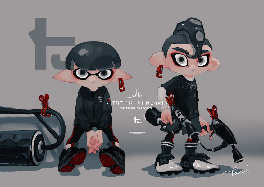 2boys black_footwear clothes_pin ear_tag expressionless full_body grey_background grey_eyes grey_hair holding holding_weapon inkling looking_at_viewer multiple_boys nintendo octoling pointy_ears shoes short_hair simple_background sitting sneakers splat_dualies_(splatoon) splat_roller_(splatoon) splatoon splatoon_2 standing tarai_(silica5) thick_eyebrows weapon