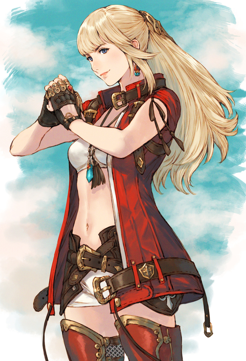 1girl bandeau belt blonde_hair blue_eyes blue_sky boots cowboy_shot earrings final_fantasy final_fantasy_xiv fingerless_gloves fist_in_hand gloves hair_ornament highres jewelry leg_armor long_hair looking_at_viewer lyse_hext makimura_shunsuke midriff navel pendant short_shorts shorts sky sleeveless smile solo standing strapless thigh-highs thigh_boots