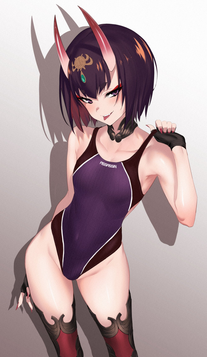 1girl bangs black_gloves black_legwear black_swimsuit blush bob_cut breasts collarbone covered_navel detached_collar eyeliner fang fate/grand_order fate_(series) fingerless_gloves gloves gradient gradient_background headpiece highleg highleg_swimsuit highres hips looking_at_viewer makeup nail_polish oni_horns open_mouth pink_nails purple_hair purple_swimsuit shadow short_eyebrows short_hair shuten_douji_(fate/grand_order) small_breasts smile solo strap_pull swimsuit thighs tongue tongue_out two-tone_swimsuit ulrich_(tagaragakuin) violet_eyes waist