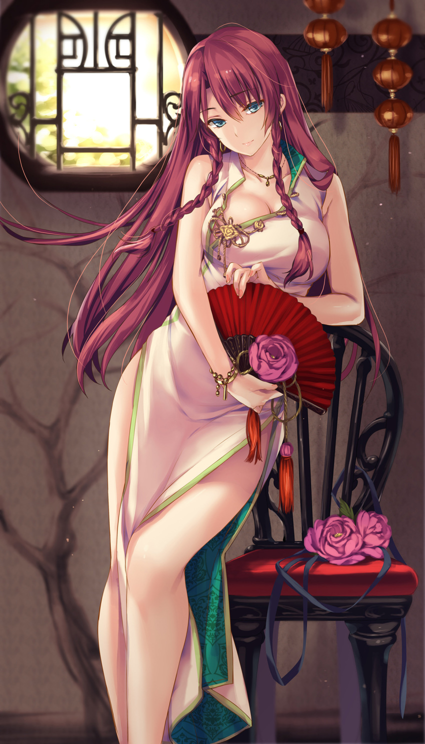 1girl alternate_costume bare_shoulders blue_eyes bracelet braid breasts chair china_dress chinese_clothes collarbone commentary_request dress earrings eyebrows_visible_through_hair fan flower folding_fan head_tilt highres hong_meiling hoop_earrings indoors jewelry large_breasts legs long_hair looking_at_viewer moneti_(daifuku) nail_polish necklace pelvic_curtain pink_nails redhead sleeveless sleeveless_dress smile solo tassel touhou twin_braids very_long_hair white_dress window