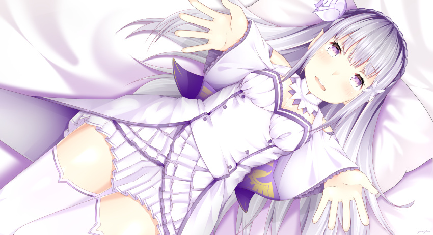 absurdres bed begging dress emilia_(re:zero) hair_ornament hairpin highres lying open_hand pillow re:zero_kara_hajimeru_isekai_seikatsu silver_hair thighs violet_eyes youngdeer