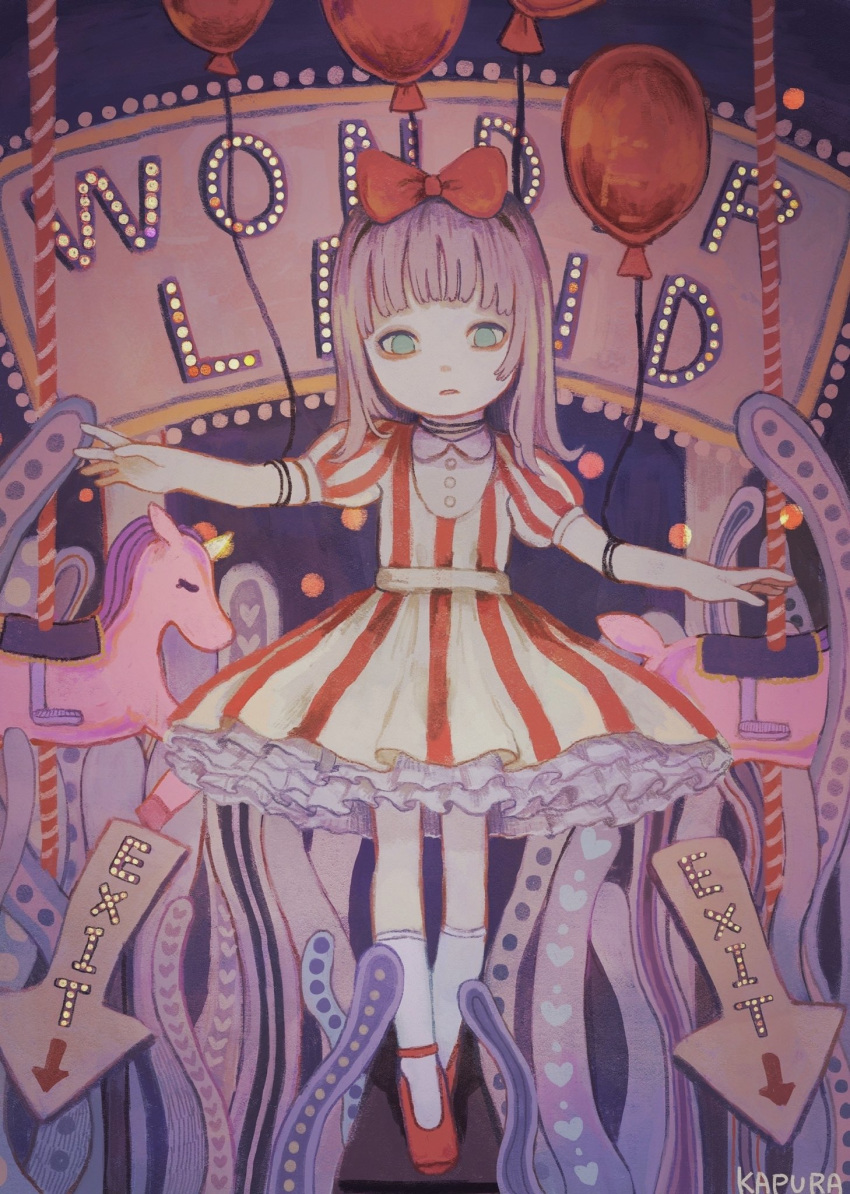 1girl aqua_eyes balloon bow dress english_commentary english_text exit_sign full_body hair_bow heart highres kapura long_hair original outstretched_arms parted_lips pink_hair red_bow short_sleeves signature solo striped striped_dress unicorn