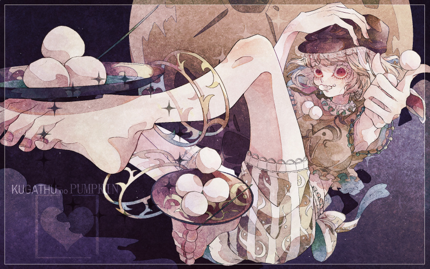 1girl animal_ears back_bow bare_legs barefoot blonde_hair bow breasts brown_hat bunny_tail colored_eyelashes commentary_request crop_top dango eating food frilled_hat frilled_shirt frills full_body full_moon hand_on_headwear hat heart highres looking_at_viewer moon nail_polish orabi plate rabbit_ears red_eyes ringo_(touhou) shirt short_hair short_sleeves shorts solo striped striped_shorts tail toenail_polish toenails touhou wagashi