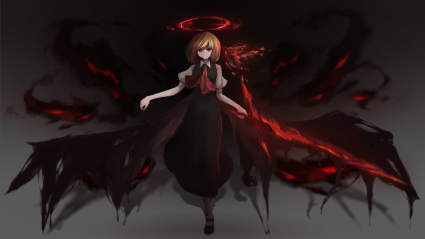 1girl ascot blonde_hair commentary_request dark darkness dress ekamachiko energy_sword ex-rumia full_body halo highres puffy_short_sleeves puffy_sleeves red_eyes rumia short_hair short_sleeves smile solo sword touhou weapon