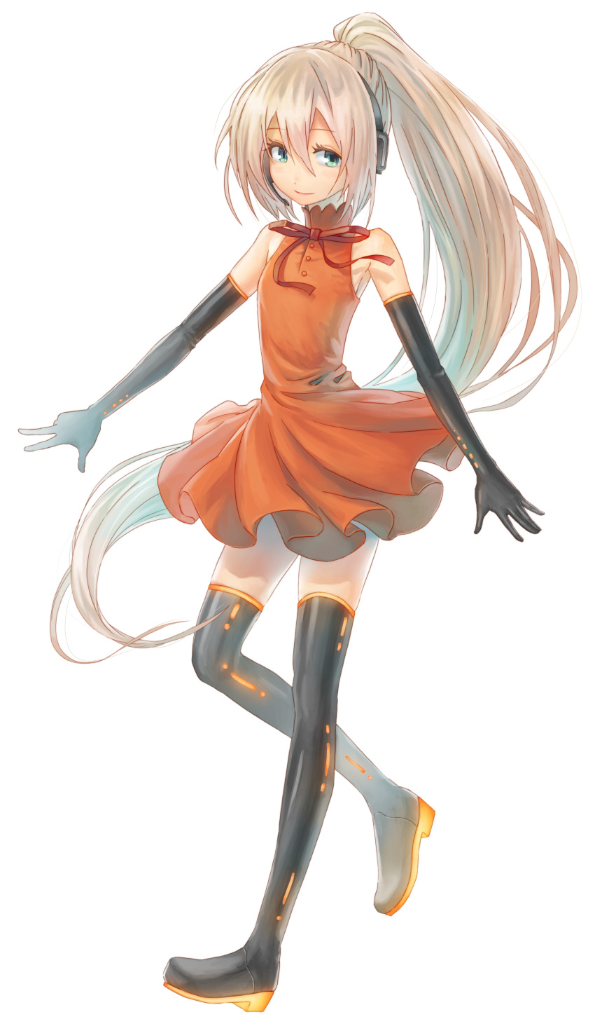 633b absurdres bare_shoulders black_gloves black_legwear blonde_hair boots dress elbow_gloves flat_chest full_body gloves green_eyes headset high_ponytail highres long_hair looking_at_viewer orange_dress simple_background smile solo standing thigh-highs thigh_boots utau very_long_hair white_background