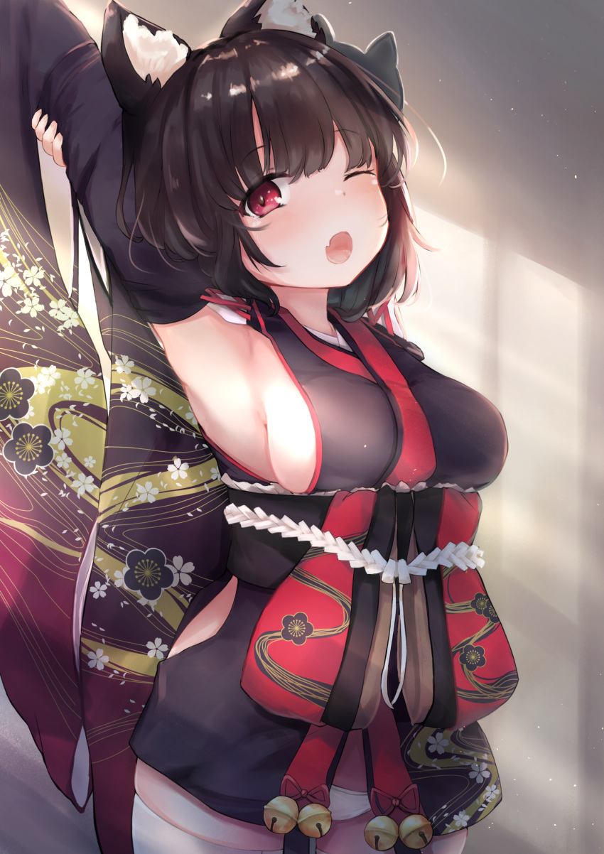 1girl ;o animal_ears arm_up azur_lane black_hair black_kimono breasts commentary_request eyebrows_visible_through_hair fang fox_mask highres indoors japanese_clothes kimono looking_at_viewer mask mask_on_head momiji_manjuu_(usagiblackmore) one_eye_closed panties red_eyes short_hair sideboob solo thigh-highs underwear white_legwear white_panties wide_sleeves yamashiro_(azur_lane) yawning