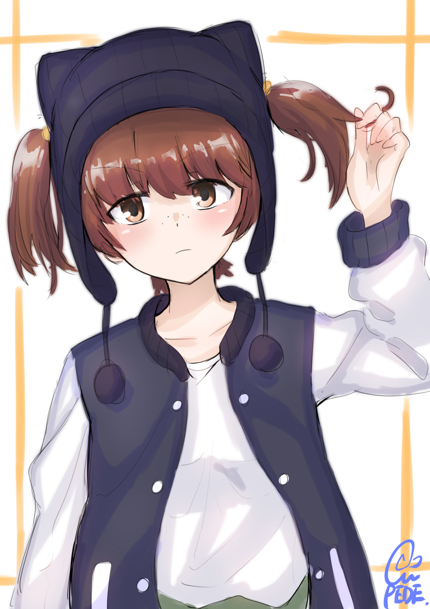 1girl absurdres alisa_(girls_und_panzer) animal_hat artist_name bangs black_hat black_jacket blush brown_eyes brown_hair casual cat_hat closed_mouth cmpede commentary eyebrows_visible_through_hair freckles frown girls_und_panzer hair_grab hat head_tilt highres jacket letterman_jacket long_sleeves looking_at_viewer open_clothes open_jacket shirt short_hair short_twintails solo standing twintails twitter_username upper_body white_shirt