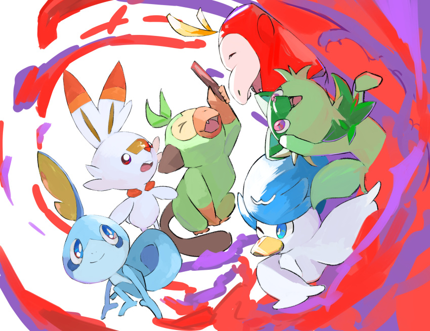 &gt;_&lt; blue_eyes bright_pupils closed_eyes closed_mouth commentary fang fuecoco grookey highres holding holding_stick no_humans one_eye_closed open_mouth pokemon pokemon_(creature) quaxly raku_(ff_zw7) scorbunny smile sobble sprigatito stick white_pupils