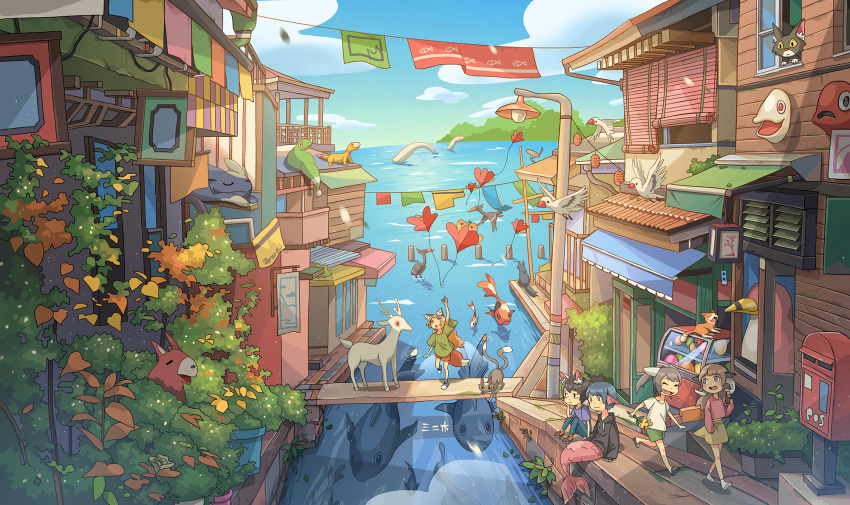 2boys 3girls animal animal_ears artist_name awning balloon bird black_hair blue_eyes blue_hair blush brown_hair cat closed_eyes closed_mouth clothesline day deer facing_another fish fox_ears fox_tail grey_hair highres kitsu+3 lamppost long_hair looking_away multiple_boys multiple_girls ocean open_mouth original outdoors plant potted_plant red_eyes roller_shades scenery shopping_district short_hair sitting standing tail tree