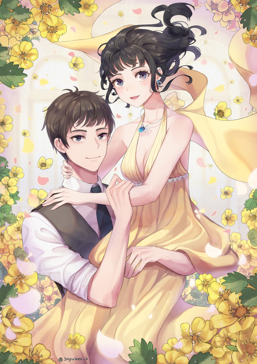 1boy 1girl bare_shoulders black_vest breasts brown_hair cleavage cover cover_page dress earrings flower grey_eyes hetero highres hug jewelry long_hair looking_at_viewer medium_breasts necklace novel_cover original romance shirt smile soyubee twitter_username vest white_shirt yellow_dress yellow_flower