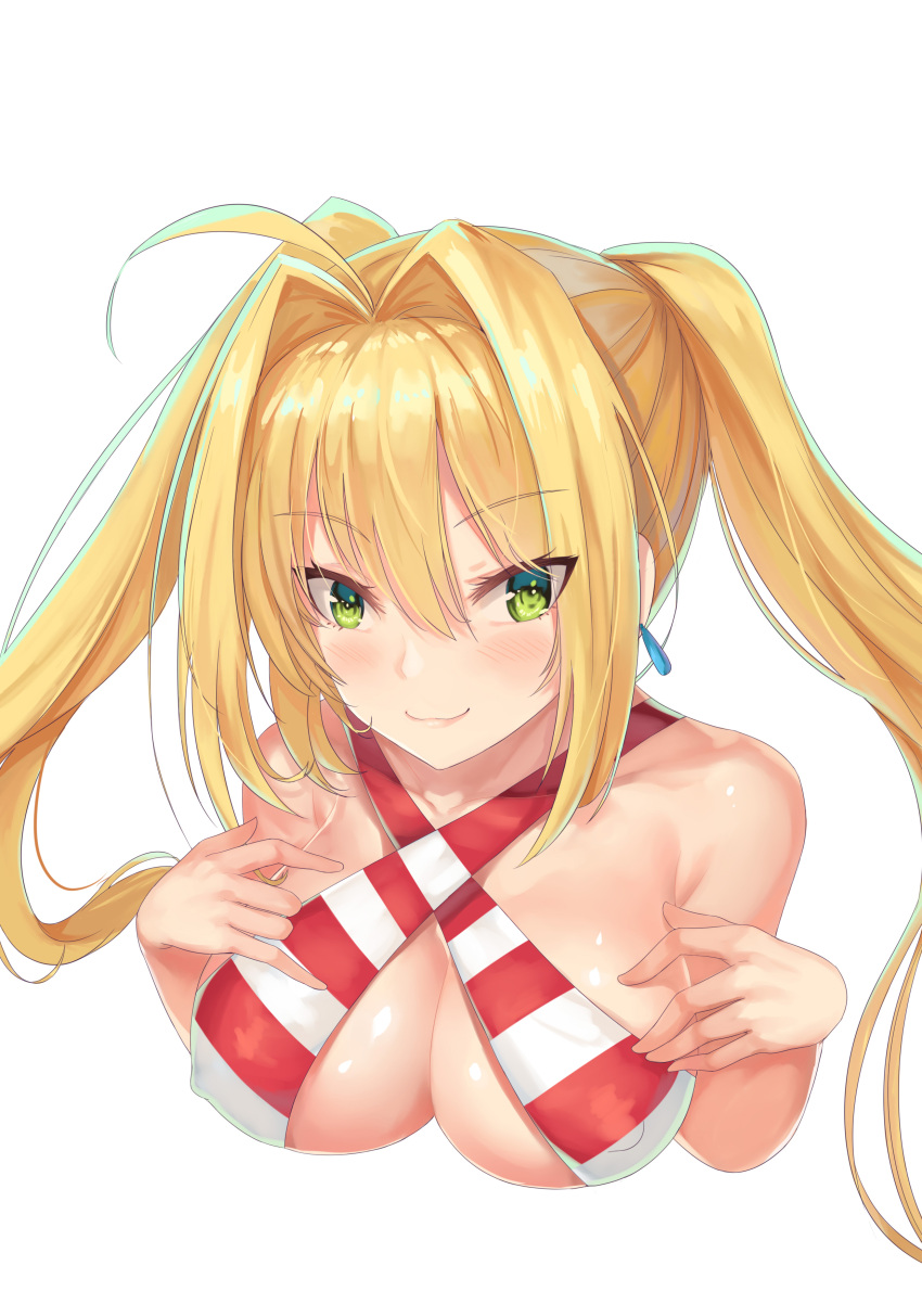 1girl :3 absurdres ahoge bikini_top blonde_hair blush breasts commentary_request criss-cross_halter earrings eyebrows_visible_through_hair fate/grand_order fate_(series) green_eyes halterneck highres jewelry large_breasts long_hair looking_at_viewer nero_claudius_(fate)_(all) nero_claudius_(swimsuit_caster)_(fate) red_bikini_top simple_background smile solo striped_bikini_top twintails upper_body white_background xiao_miao