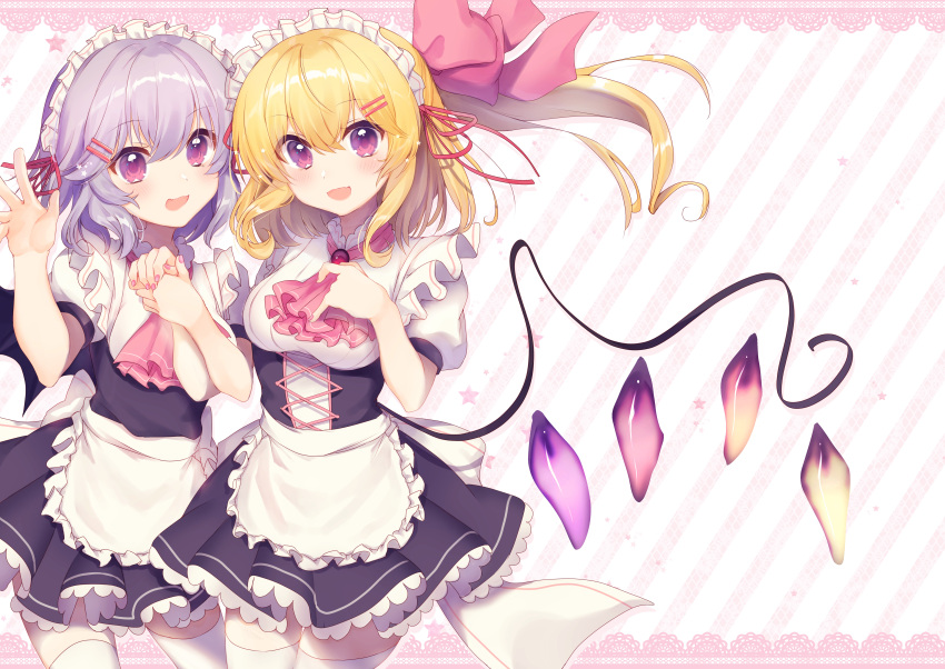 2girls :d absurdres alternate_costume apron ascot bangs bat_wings black_dress blush breasts brooch commentary_request cowboy_shot cross-laced_clothes crystal diagonal-striped_background diagonal_stripes dress enmaided eyebrows_visible_through_hair flandre_scarlet frilled_apron frills hair_between_eyes hair_ornament hair_ribbon hairclip hand_holding hand_up highres jewelry looking_at_viewer maid maid_apron maid_headdress medium_breasts multiple_girls nail_polish nenobi_(nenorium) one_side_up open_mouth petticoat pink_background pink_hair pink_nails pink_neckwear pink_ribbon puffy_short_sleeves puffy_sleeves red_ribbon remilia_scarlet ribbon short_hair short_sleeves siblings silver_hair sisters smile standing star striped striped_background thigh-highs thighs touhou waist_apron white_apron white_background white_legwear wings zettai_ryouiki