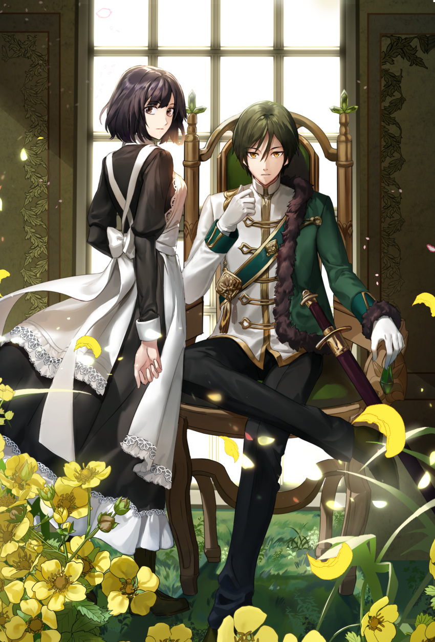 1boy 1girl arm_at_side backlighting bow brown_eyes brown_footwear brown_hair cover cover_page ddaomphyo flower fur_trim gloves grass hair_between_eyes hand_up highres legs_crossed looking_at_viewer maid novel_cover official_art petals sheath sheathed short_hair throne uchihime_kashikan_to_gensokyo white_bow white_gloves window yellow_flower