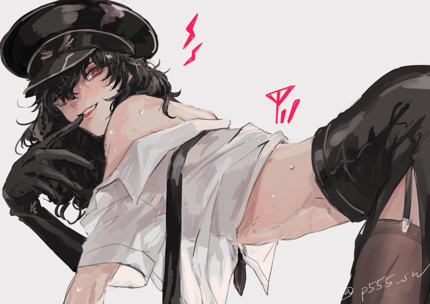 1boy amamiya_ren biting black_gloves black_hair blush crossdressinging garter_straps glove_biting gloves hat heart heart-shaped_pupils leaning_forward long_hair looking_at_viewer male_focus off_shoulder open_clothes open_shirt partially_undressed persona persona_5 persona_5:_dancing_star_night persona_dancing police police_hat police_uniform sawa2 skirt smile solo stomach sweat symbol-shaped_pupils thigh-highs trap uniform wig