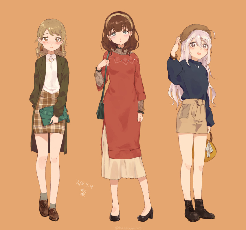 3girls :d ahoge arm_at_side artist_name bag bangs bare_legs beret black_footwear black_sweater blouse blue_eyes blush boots bracelet brown_background brown_eyes brown_footwear casual coat collared_blouse commentary dated dress drill_hair earrings full_body green_coat grey_eyes grey_legwear hairband hand_up handbag hat holding_purse hoshi_shouko idolmaster idolmaster_cinderella_girls jewelry light_brown_hair long_skirt long_sleeves medium_skirt minato_(haexxxmint) morikubo_nono multiple_girls necklace no_socks open_mouth orange_background plaid plaid_skirt red_dress ringlets sakuma_mayu see-through sheer_clothes shorts shoulder_strap silver_hair simple_background skirt smile socks standing stud_earrings sweater sweater_dress twitter_username under_the_desk white_blouse