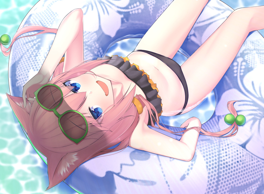 1girl absurdres animal_ears arm_up bikini black_bikini black_swimsuit blue_eyes cat_ears eyewear_on_head fang from_above hair_bobbles hair_ornament hand_on_eyewear highres hinata_channel innertube leaning_back long_hair looking_up low_twintails lying misakisanakichi navel nekomiya_hinata on_back open_mouth pink_hair smile solo sunglasses swimsuit twintails virtual_youtuber water