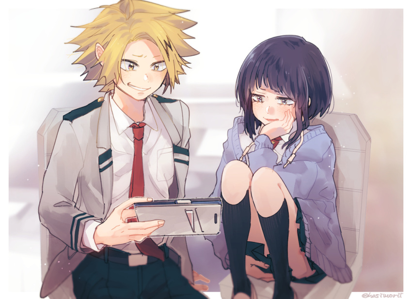 1boy 1girl bangs black_legwear blonde_hair blunt_bangs boku_no_hero_academia choker earplugs hoshimori jirou_kyouka kaminari_denki kneehighs necktie pleated_skirt red_neckwear school_uniform short_hair sitting skirt twitter_username u.a._school_uniform yellow_eyes