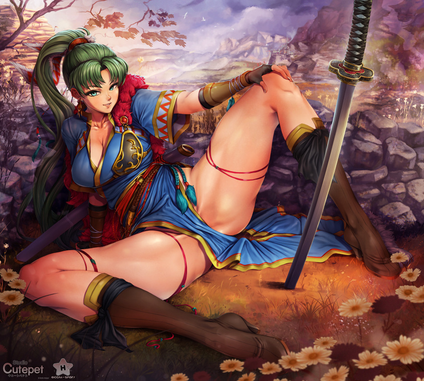 1girl bow_(weapon) breasts cutepet earrings emblem fingerless_gloves fire fire_emblem fire_emblem:_rekka_no_ken fire_emblem_heroes fur_trim gloves green_eyes green_hair high_ponytail highres jewelry large_breasts long_hair lyndis_(fire_emblem) mountain nintendo pelvic_curtain pinup plains ponytail side_slit smile solo spread_legs sword weapon