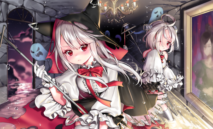 2girls ahoge animal_ears animal_hood azur_lane bangs bare_shoulders black_skirt blurry blurry_background blush bolt breasts burning candle center_frills chandelier closed_mouth clouds cloudy_sky commentary_request depth_of_field detached_sleeves erebus_(azur_lane) eyebrows_visible_through_hair fire frills ghost gloves hair_between_eyes highres holding hood hood_up ia_(ias1010) indoors kneehighs leaning_forward long_hair long_sleeves looking_at_viewer medium_breasts multiple_girls one_eye_closed painting_(object) parted_lips pleated_skirt puffy_long_sleeves puffy_sleeves red_eyes shirt silver_hair skirt sky sleeveless sleeveless_shirt sparkle standing terror_(azur_lane) thigh-highs very_long_hair water white_gloves white_legwear white_shirt wide_sleeves