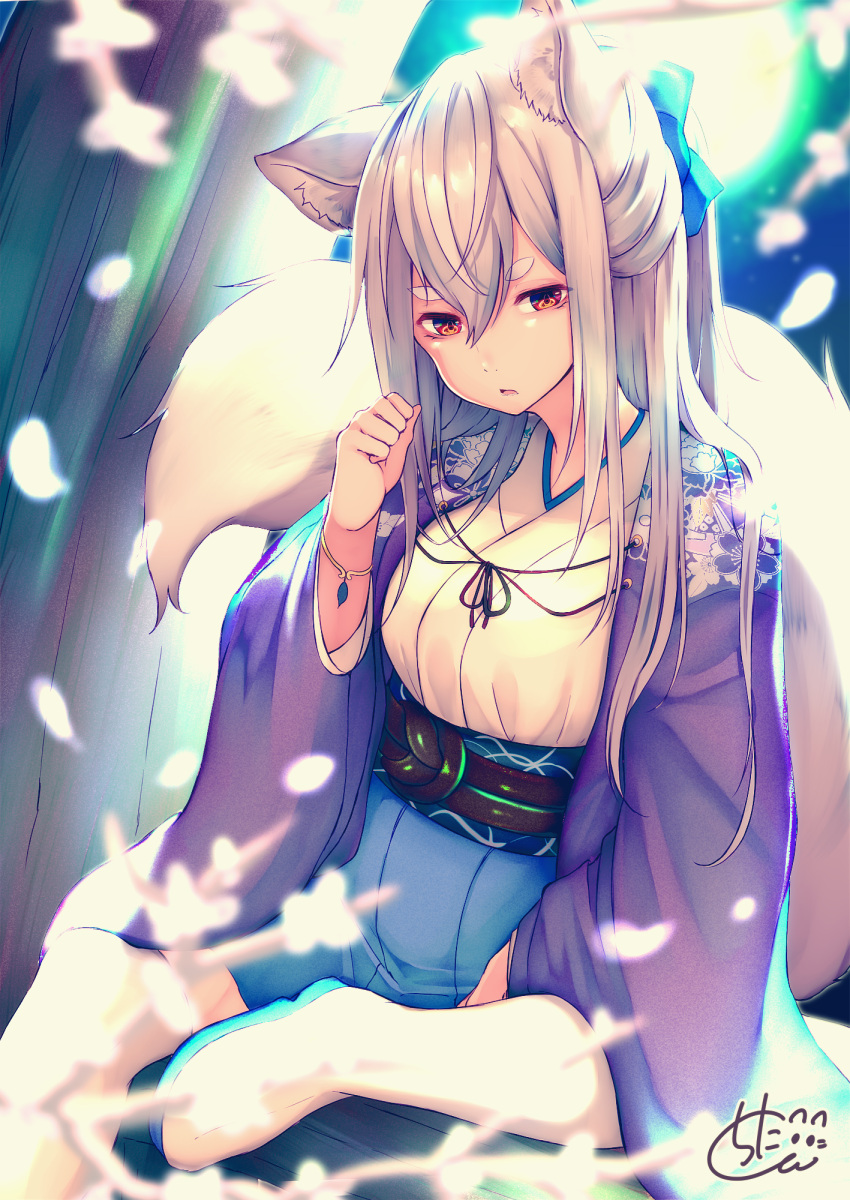 1girl animal_ear_fluff animal_ears bangs blue_bow blue_skirt blurry blurry_foreground boots bow breasts chita_(ketchup) commentary_request depth_of_field eyebrows_visible_through_hair fox_ears fox_girl fox_tail hair_between_eyes hair_bow hand_up haori highres japanese_clothes kimono large_breasts long_hair long_sleeves looking_at_viewer obi original parted_lips pleated_skirt red_eyes sash short_eyebrows short_kimono signature silver_hair sitting skirt solo tail tail_raised thick_eyebrows thigh-highs thigh_boots very_long_hair white_footwear white_kimono white_legwear