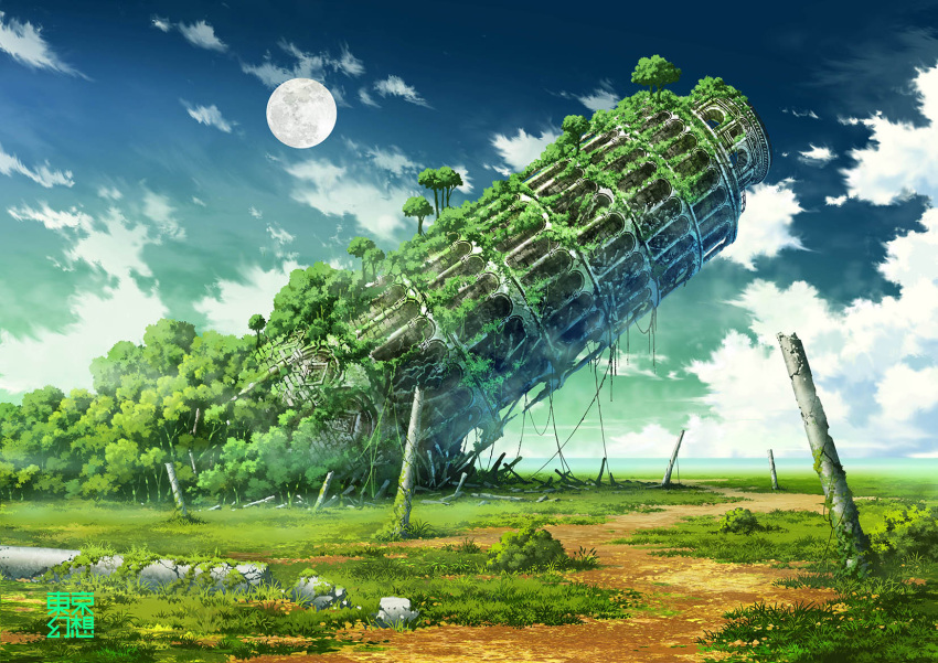 artist_name clouds day grass highres landmark leaning_tower_of_pisa moon no_humans original outdoors overgrown ruins scenery sky tokyogenso tree watermark