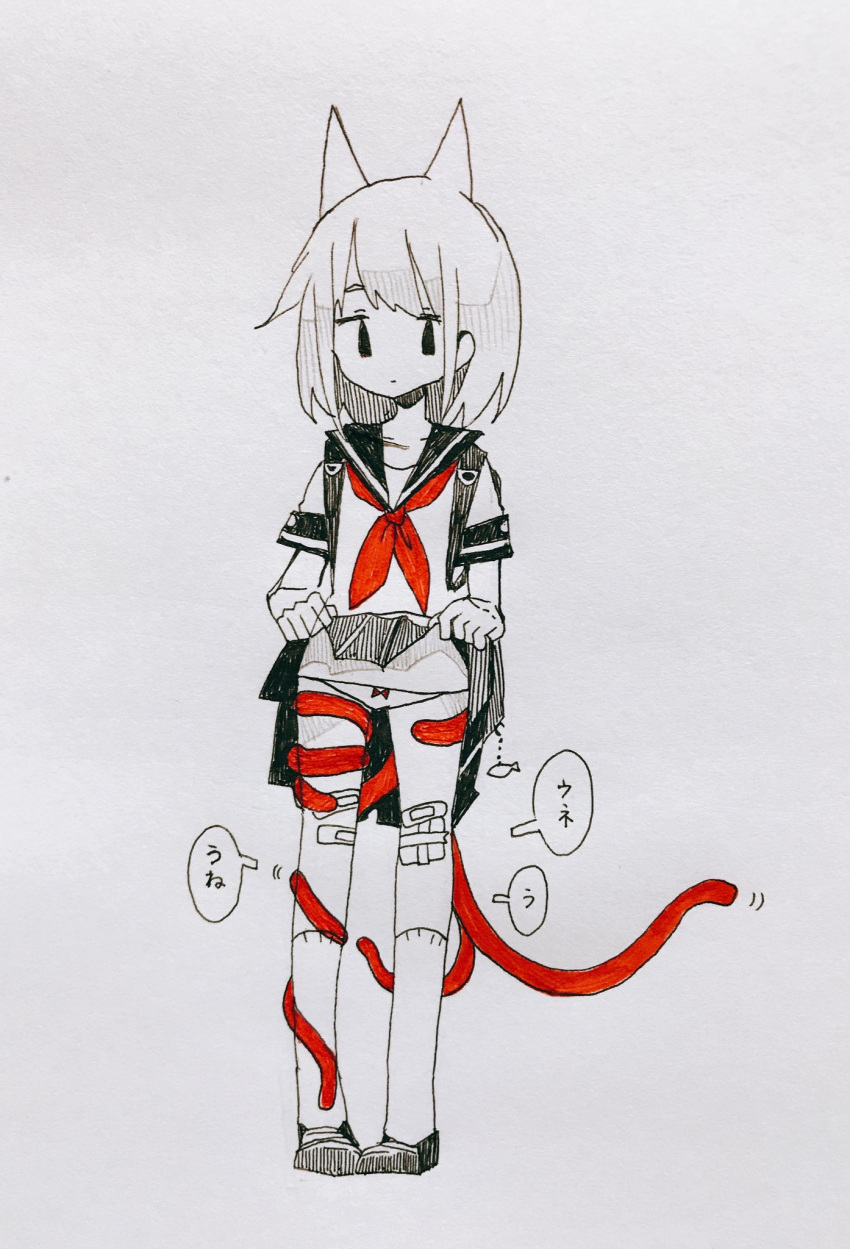 1girl animal_ears bandaid_on_leg bangs bow bow_panties cat_ears cat_tail charm_(object) commentary_request eguchi_saan fish_charm highres kneehighs lifted_by_self long_tail looking_to_the_side neckerchief original panties paper_(medium) pen_(medium) photo pigeon-toed pleated_skirt red_bow red_neckwear red_tail sailor_collar short_hair short_sleeves simple_background skirt solo speech_bubble stomach tail underwear