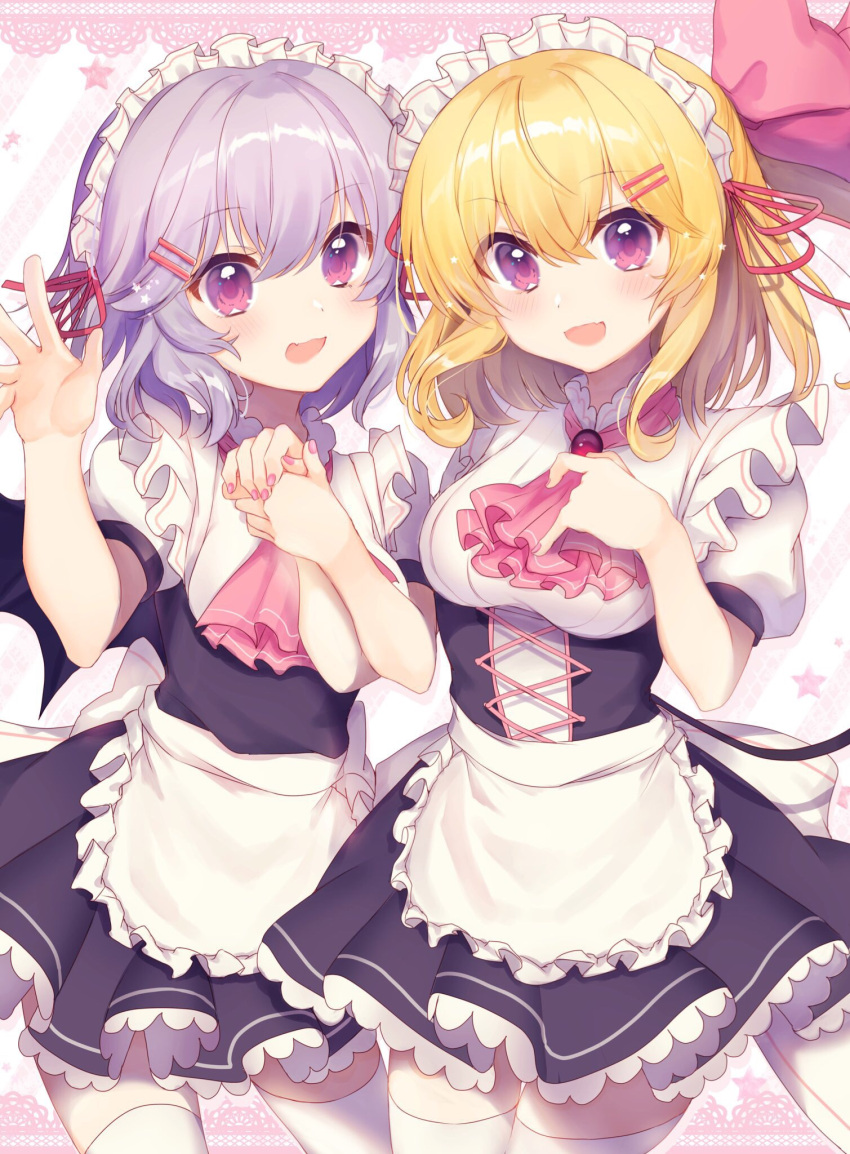 2girls :d alternate_costume apron ascot bangs bat_wings black_dress blush breasts brooch commentary_request cowboy_shot cross-laced_clothes crystal diagonal-striped_background diagonal_stripes dress enmaided eyebrows_visible_through_hair flandre_scarlet frilled_apron frills hair_between_eyes hair_ornament hair_ribbon hairclip hand_holding hand_up highres jewelry looking_at_viewer maid maid_apron maid_headdress medium_breasts multiple_girls nail_polish nenobi_(nenorium) one_side_up open_mouth petticoat pink_background pink_hair pink_nails pink_neckwear pink_ribbon puffy_short_sleeves puffy_sleeves red_ribbon remilia_scarlet ribbon short_hair short_sleeves siblings silver_hair sisters smile standing star striped striped_background thigh-highs thighs touhou waist_apron white_apron white_background white_legwear wings zettai_ryouiki