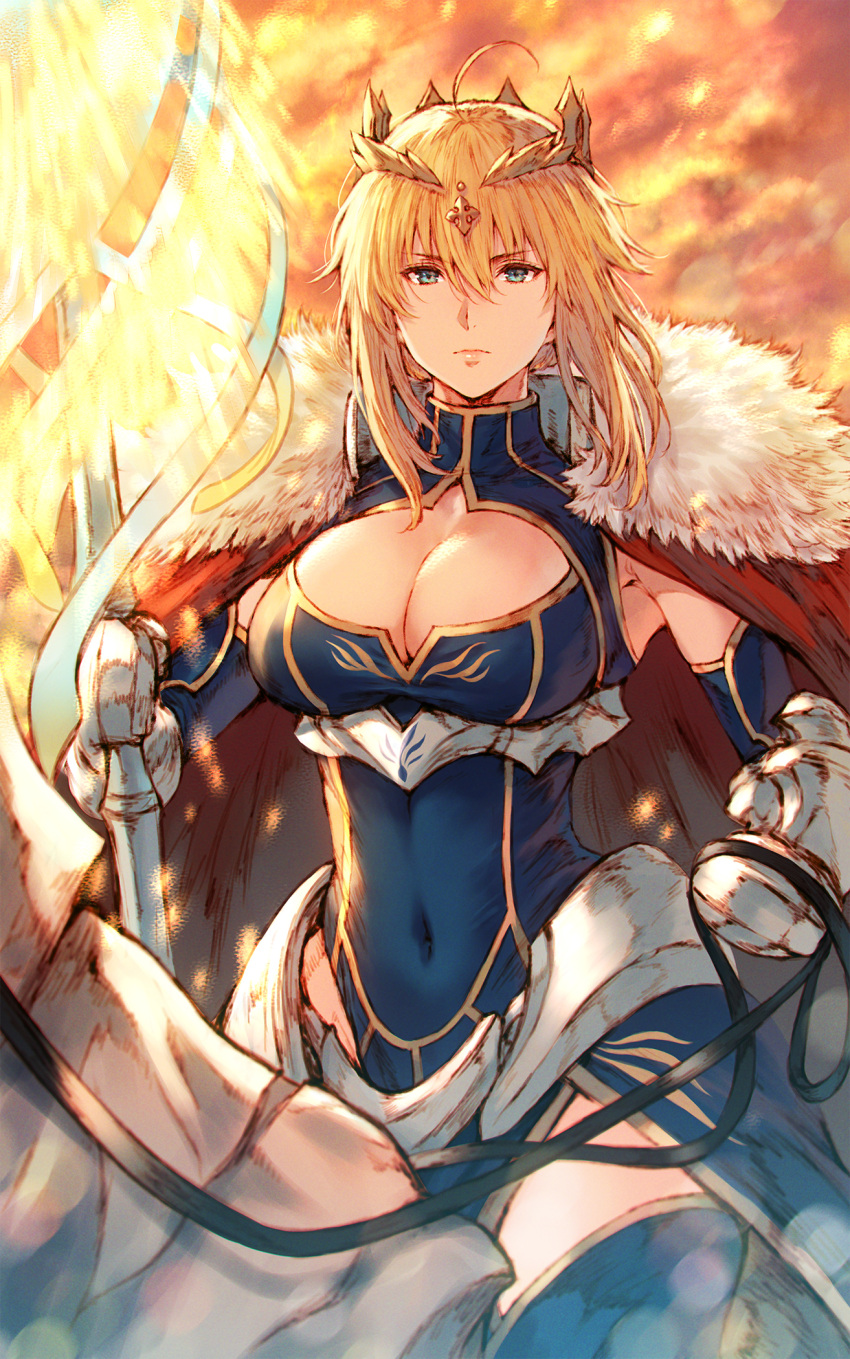 1girl ahoge armor artoria_pendragon_(all) artoria_pendragon_(lancer) bangs blue_dress blue_gloves blue_legwear blue_leotard breasts cape closed_mouth commentary covered_navel crown dress eyebrows_visible_through_hair facing_viewer fate/grand_order fate_(series) fur-trimmed_cape fur_trim gauntlets gloves glowing glowing_weapon green_eyes hair_between_eyes highres horse horseback_riding lance large_breasts leotard looking_at_viewer makimura_shunsuke polearm red_cape rhongomyniad riding sidelocks underbust weapon white_horse