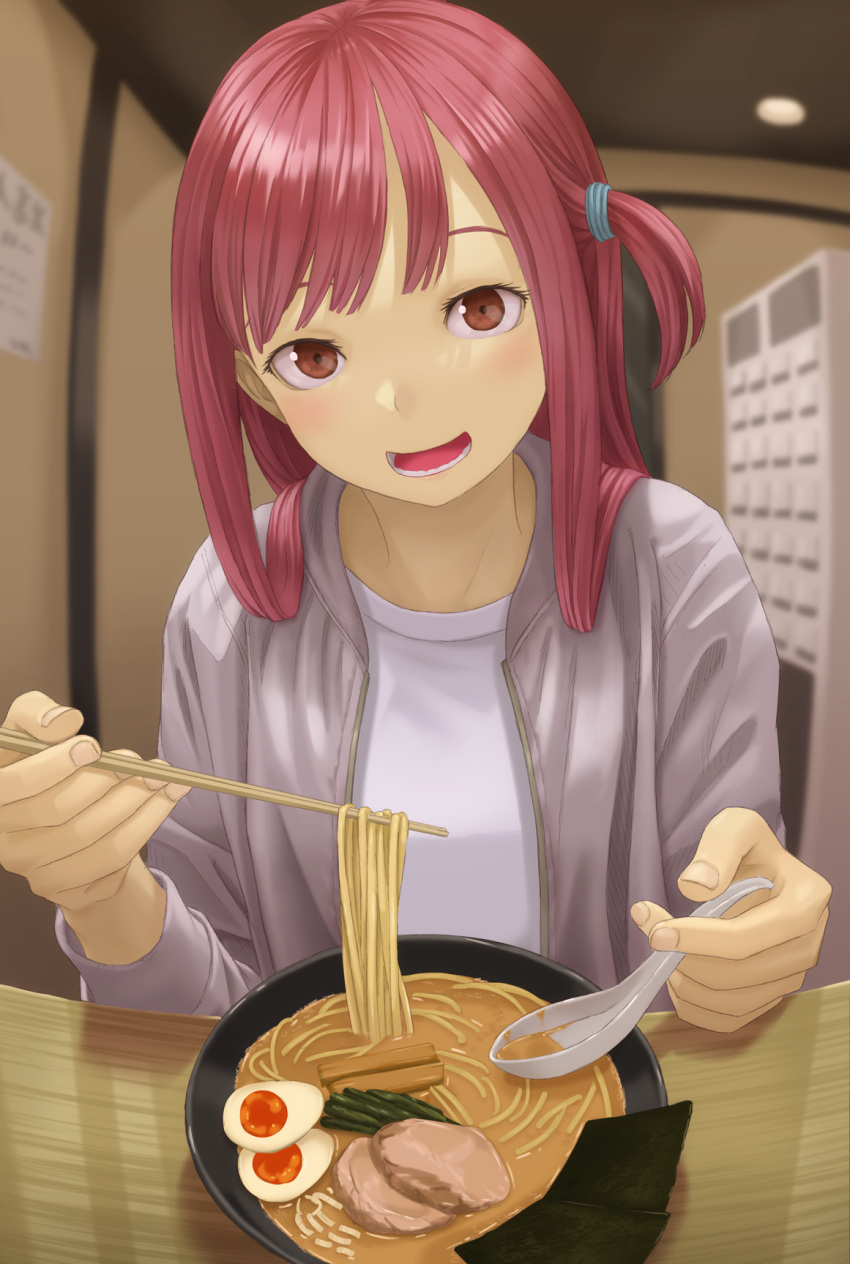 1girl :d bangs blurry blurry_background bowl brown_eyes chopsticks egg fingernails food grey_jacket highres holding holding_chopsticks indoors jacket kotonoha_akane kurione_(zassou) long_hair long_sleeves looking_at_viewer meat noodles one_side_up open_clothes open_jacket open_mouth pink_hair ramen shirt smile solo straight_hair teeth voiceroid white_shirt