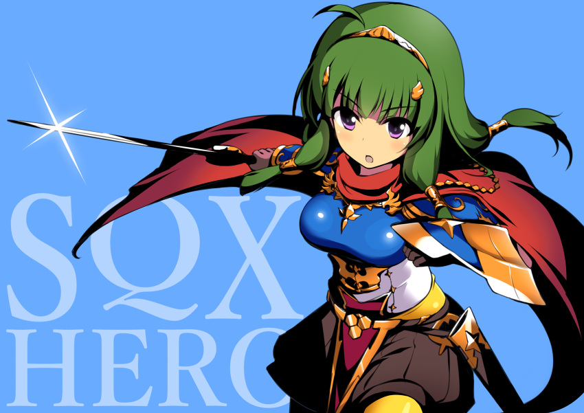 1girl ahoge armor bangs blue_armor boobplate breastplate breasts brown_shorts cape eyebrows_visible_through_hair green_hair hair_ornament hair_tubes hero_(sekaiju) highres holding holding_sword holding_weapon long_hair low-tied_long_hair medium_breasts mocchi open_mouth orange_legwear pantyhose red_cape sekaiju_no_meikyuu sekaiju_no_meikyuu_x shorts solo sword tiara violet_eyes weapon