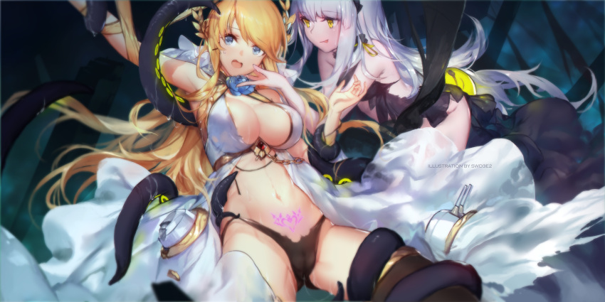 2girls absurdres arm_up armpits azur_lane bangs black_panties blonde_hair blue_eyes breasts cleavage cowboy_shot eyebrows_visible_through_hair highres large_breasts long_hair midriff multiple_girls navel open_mouth panties pubic_tattoo restrained sidelocks silver_hair small_breasts swd3e2 swept_bangs tattoo tentacle underwear victorious_(azur_lane) yellow_eyes