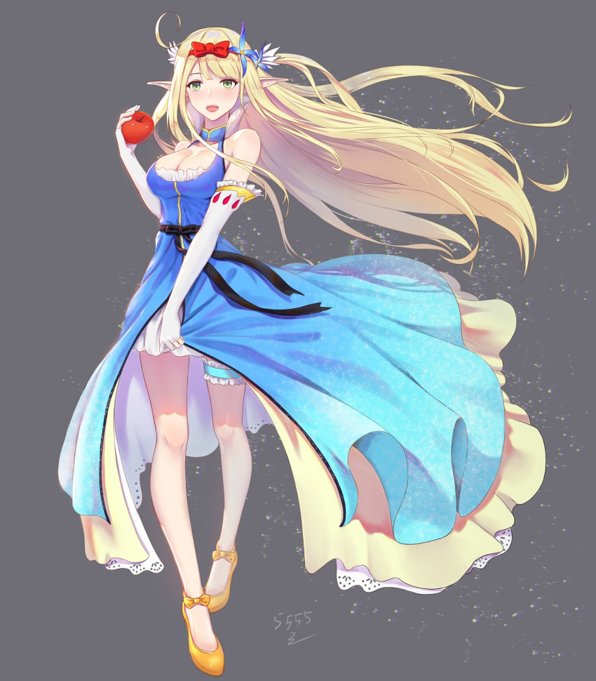 1girl 5555_96 alternate_costume apple azur_lane bangs bare_shoulders blonde_hair blue_dress blue_eyes blush bow breasts centaur_(azur_lane) cleavage dress elbow_gloves elf floating_hair food fruit full_body gloves hair_bow hair_ornament highres holding holding_fruit leg_garter light_particles long_hair looking_at_viewer mary_janes medium_breasts open_mouth orange_footwear pointy_ears red_bow shoes sidelocks signature sleeveless sleeveless_dress smile snow_white solo very_long_hair white_gloves
