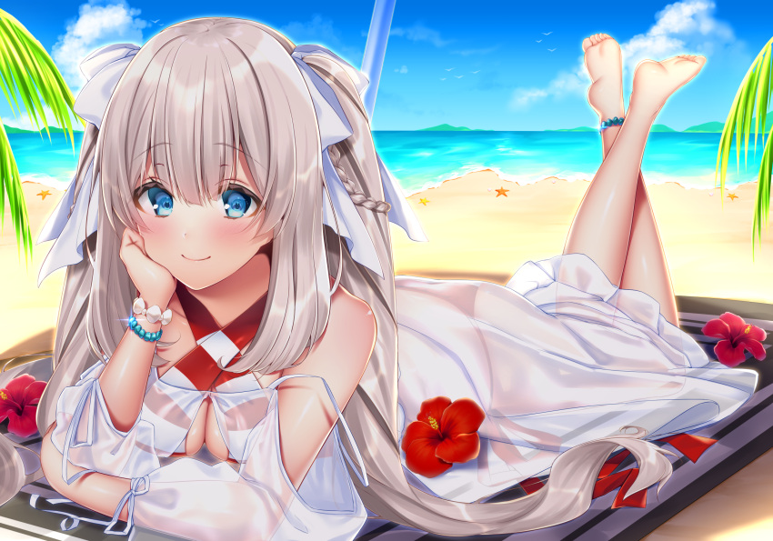 1girl arm_support bangs bare_shoulders barefoot beach bikini bikini_under_clothes blue_sky blush bow braid breasts cleavage closed_mouth clouds collarbone commentary_request cosplay criss-cross_halter day dress eyebrows_visible_through_hair fate/grand_order fate_(series) flower hair_between_eyes hair_bow halterneck highres horizon jiiwara legs_up long_hair long_sleeves lying marie_antoinette_(fate/grand_order) medium_breasts nero_claudius_(fate)_(all) nero_claudius_(swimsuit_caster)_(fate) nero_claudius_(swimsuit_caster)_(fate)_(cosplay) ocean on_stomach outdoors puffy_long_sleeves puffy_sleeves red_flower sand see-through side-tie_bikini silver_hair sky smile soles solo striped striped_bikini swimsuit twintails very_long_hair water white_bow white_dress