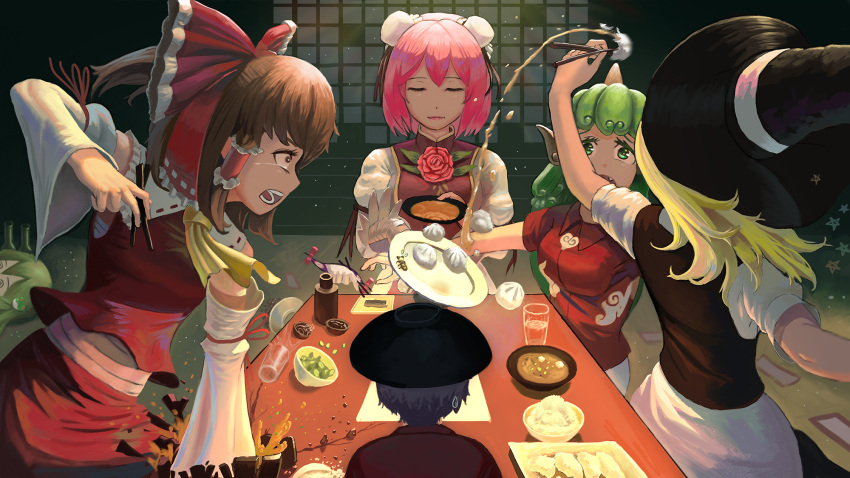 6+girls bowl bowl_hat bun_cover chopsticks cup disembodied_limb drinking_glass dumpling food food_theft from_behind gap glass hakurei_reimu hat highres ibaraki_kasen kirisame_marisa kochiya_sanae komano_aun kurodani_yamame kurodani_yamame_(spider) lying multiple_girls on_back spill sukuna_shinmyoumaru sweatdrop tagme teasmacker touhou witch_hat yakumo_yukari