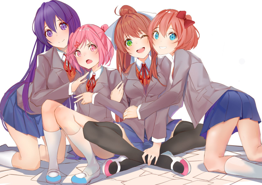 4girls ;d blue_skirt brown_hair commentary d: doki_doki_literature_club english_commentary eyebrows_visible_through_hair eyes_visible_through_hair fang green_eyes grey_jacket hair_between_eyes hair_ornament hair_ribbon hairclip hand_on_another's_shoulder highres jacket kneehighs kneeling long_hair looking_at_viewer monika_(doki_doki_literature_club) multiple_girls natsuki_(doki_doki_literature_club) one_eye_closed open_mouth pink_eyes pink_hair pleated_skirt ponytail purple_hair ribbon sayori_(doki_doki_literature_club) school_uniform shoes short_hair simple_background sitting skirt smile two_side_up v-shaped_eyebrows very_long_hair violet_eyes white_background white_legwear white_ribbon xhunzei yuri_(doki_doki_literature_club)