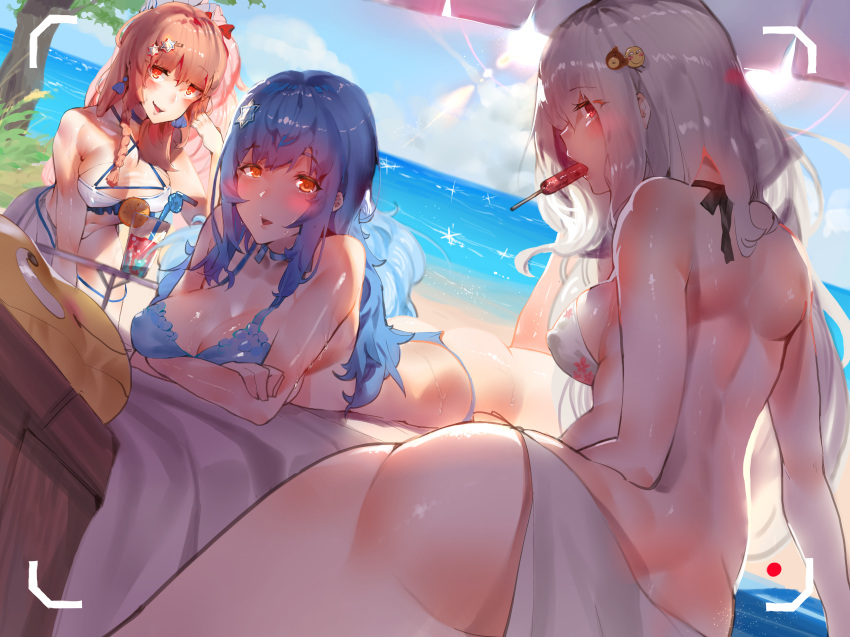 3girls absurdres ass back bangs bare_shoulders beach bear_hair_ornament bikini blue_bikini blue_hair blue_sky blush bow braid breasts closed_mouth covered_nipples day eyebrows_visible_through_hair feet_up food girls_frontline hair_between_eyes hair_bow hair_ornament hair_over_one_eye hair_ribbon hairclip halter_top halterneck hexagram highres huge_filesize large_breasts leaning_forward long_hair looking_at_viewer lying medium_breasts mouth_hold multiple_girls negev_(girls_frontline) ocean on_stomach one_side_up outdoors pink_hair pk_(girls_frontline) red_bow red_eyes ribbon sarong shade shoulder_blades silver_hair sitting sky smile star_of_david swimsuit tar-21_(girls_frontline) thighs untied untied_bikini very_long_hair viewfinder wet white_bikini yellow_eyes yueqin_(monnpiano)
