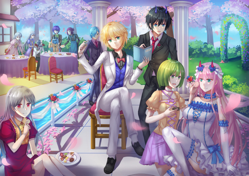 5girls 6+boys absurdres apron bangs bare_shoulders beige_shirt black_footwear black_hair black_pants black_shirt black_suit blonde_hair blue_apron blue_eyes blue_horns book breasts chair cherry_blossoms coat collar collarbone collared_shirt cometalice commentary_request darling_in_the_franxx day dish dr._franxx dress facial_hair flower food formal garter_straps grass green_eyes green_hair hair_flower hair_ornament hand_holding hand_on_another's_shoulder hand_on_own_chin hand_up high_ponytail highres hiro_(darling_in_the_franxx) holding holding_book holding_food holding_pencil holding_plate horns huge_filesize leg_up legs_crossed light_blue_hair long_coat long_hair long_sleeves looking_at_another looking_at_viewer mask medium_breasts multiple_boys multiple_girls mustache necktie nine_alpha nine_beta nine_delta nine_epsilon nine_eta nine_gamma nine_theta nine_zeta old_man oni_horns open_book open_clothes open_coat panties pants pencil petals pink_dress pink_hair pink_shirt plate ponytail purple_dress purple_hair red_dress red_eyes red_horns red_neckwear shirt shoes short_hair silver_hair sitting sky sleeveless sleeveless_dress small_breasts socks suit table tablecloth thigh-highs thighs twintails underwear white_dress white_hair white_legwear white_pants white_shirt white_suit wing_collar zero_two_(darling_in_the_franxx)