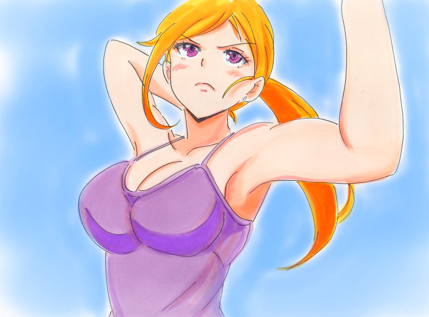 1girl armpits blonde_hair blue_eyes blush_stickers breasts frown harukana_receive high_ponytail large_breasts marker_(medium) potekite purple_tank_top solo tank_top thomas_marissa traditional_media violet_eyes