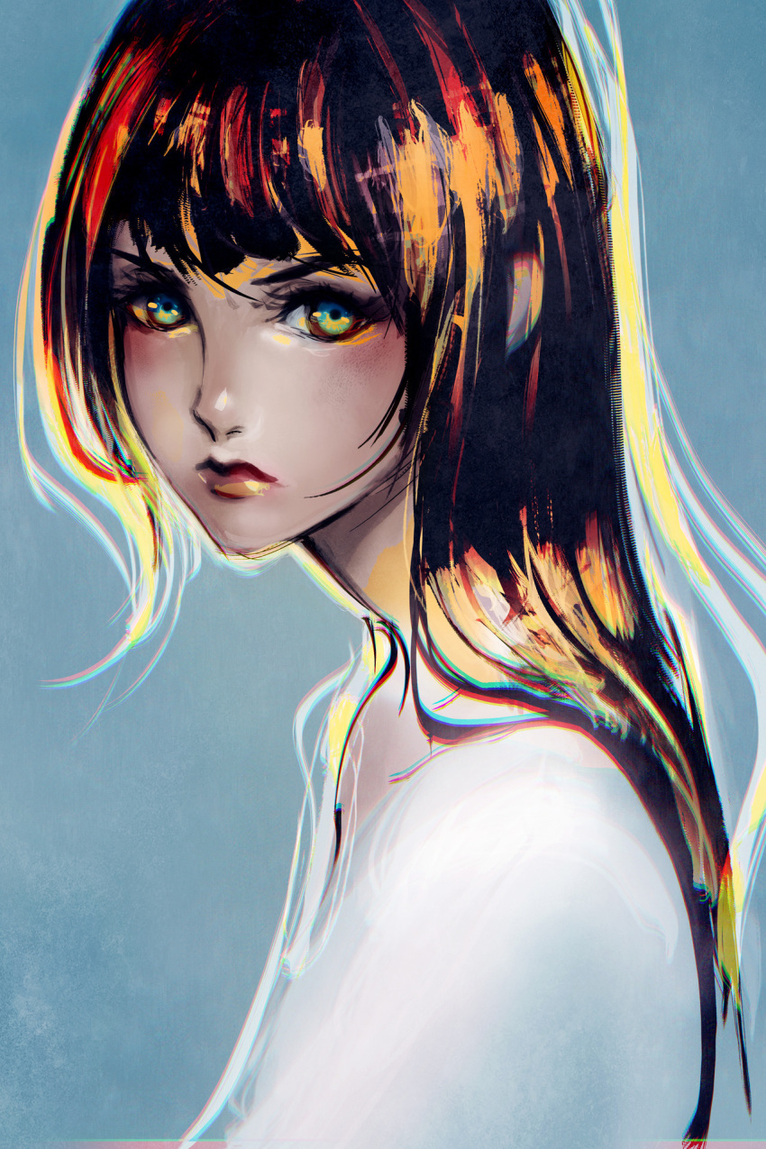 1girl black_hair blue_background blue_eyes close-up closed_mouth face highres lips long_hair looking_at_viewer original profile sketch solo speedpaint wenqing_yan