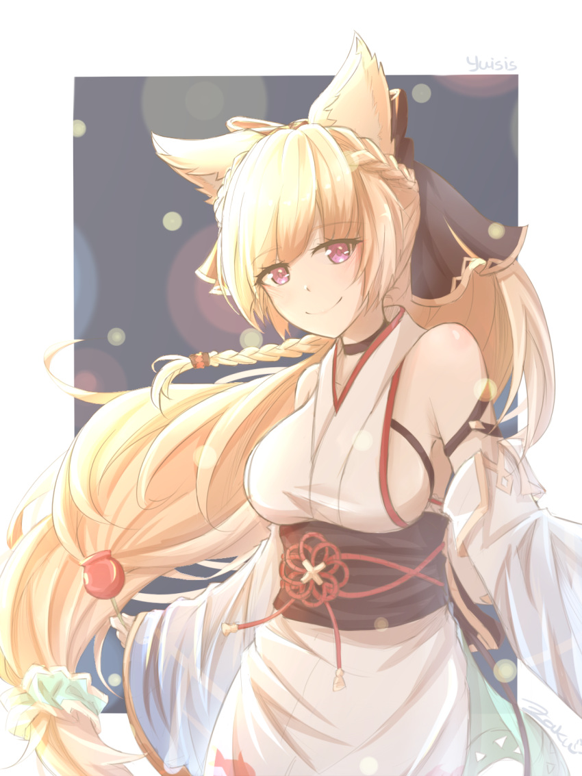 1girl animal_ears artist_name bare_shoulders blonde_hair braid breasts candy_apple character_name closed_mouth commentary detached_sleeves erune eyebrows_visible_through_hair food granblue_fantasy head_tilt highres holding holding_food japanese_clothes kimono long_hair long_sleeves looking_at_viewer medium_breasts obi pink_eyes sash smile solo very_long_hair yuisis_(granblue_fantasy) yukata zakuromu