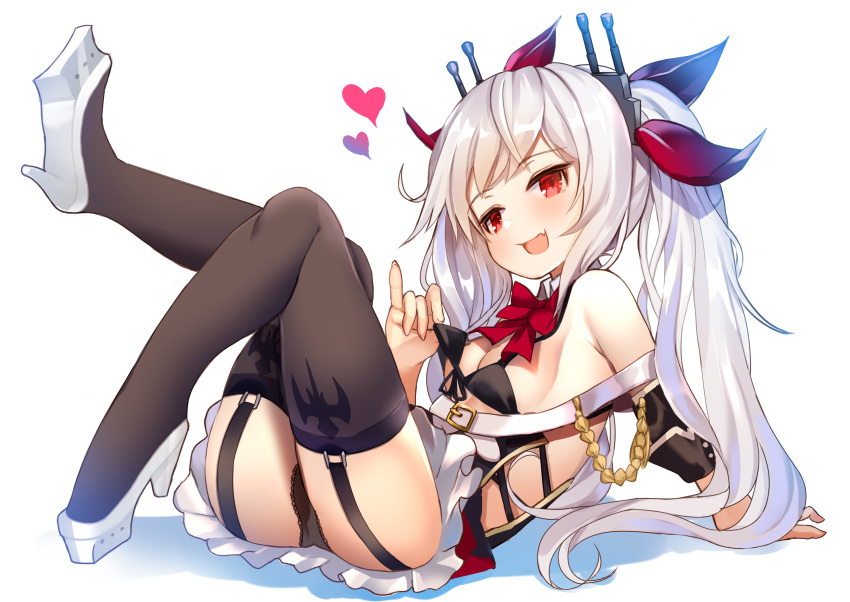 1girl :d absurdres ass azur_lane bare_shoulders belt_buckle bikini_top black_bikini_top black_dress black_panties blush bow brown_legwear buckle commentary_request detached_collar detached_sleeves dress fang front-tie_bikini front-tie_top garter_straps hair_ribbon head_tilt heart high_heels highres legs_up long_hair lying on_back open_mouth panties red_bow red_eyes red_ribbon ribbon rk_(rktorinegi) silver_hair smile solo thigh-highs twintails underwear vampire_(azur_lane) very_long_hair white_background white_belt white_collar