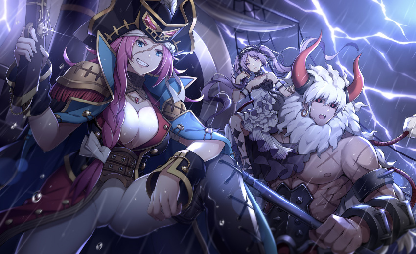 1boy 2girls asterios_(fate/grand_order) blue_eyes blush boots breasts brown_footwear cleavage euryale fate/grand_order fate_(series) francis_drake_(fate) gun highres holding holding_gun holding_weapon horns kiyo_(chaoschyan) knee_boots large_breasts long_hair multiple_girls muscle pantyhose parted_lips pink_hair pirate pirate_ship purple_hair rain scar short_hair smile twintails weapon white_hair white_legwear